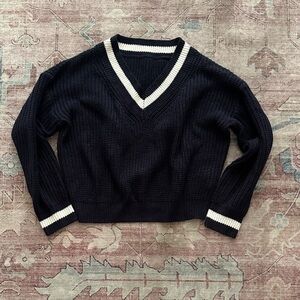 Dark navy V-Neck Sweater with cream Trim